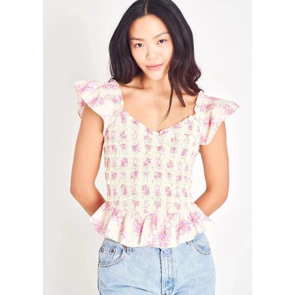 LoveShackFancy Floral Flutter Sleeve Compass Smocked Blouse Top Cream/Lilac S - Picture 2 of 8